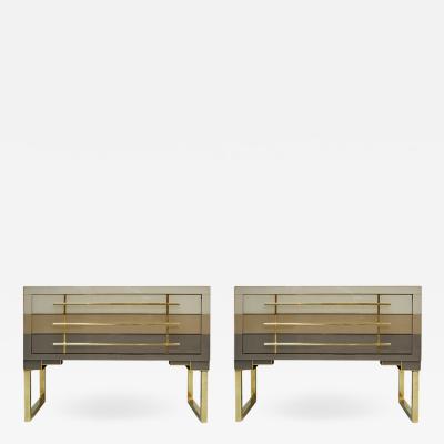  L A Studio Mid Century Modern Style Murano Glass and Brass Pair of Italian Commodes