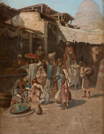  L Bernard Orientalist oil painting of a market scene by Bernard
