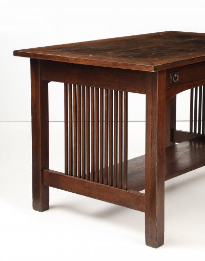  L J G Stickley Inc Onondaga Spindled Leather Top Two Drawer Library Table