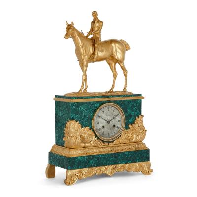  L Leroy Cie Charles X Style ormolu and malachite mantel clock with horse and jockey