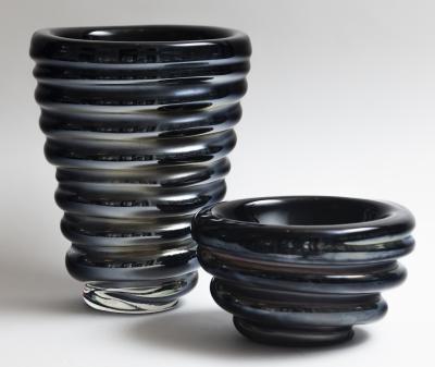  LAntiquaire Limited Edition Murano Black Coral Ribbed Glass Vase Bowl Set Signed