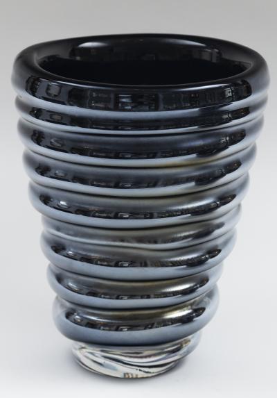  LAntiquaire Limited Edition Murano Black Coral Ribbed Glass Vase Bowl Set Signed