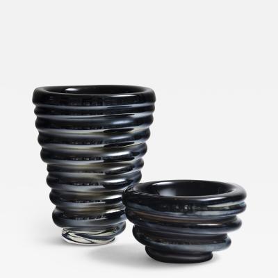  LAntiquaire Limited Edition Murano Black Coral Ribbed Glass Vase Bowl Set Signed