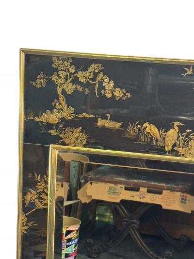  La Barge MODERN BLACK GLASS CHINOISERIE MIRROR BY LA BARGE