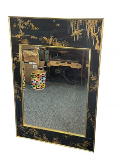  La Barge MODERN BLACK GLASS CHINOISERIE MIRROR BY LA BARGE