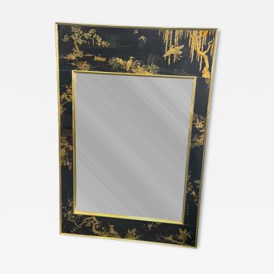  La Barge MODERN BLACK GLASS CHINOISERIE MIRROR BY LA BARGE