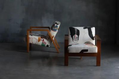  La Maison Pierre Frey Dutch Modernist Chairs in Pierre Frey Fabric 1960s