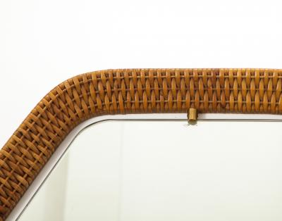  La Permanente Mobili Cant Italian Rattan and Brass Hexagon Shaped Mirror by Cantu 1950s