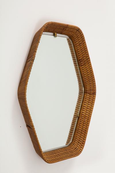  La Permanente Mobili Cant Italian Rattan and Brass Hexagon Shaped Mirror by Cantu 1950s