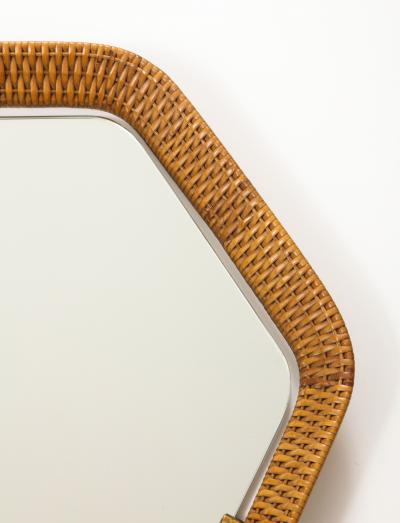  La Permanente Mobili Cant Italian Rattan and Brass Hexagon Shaped Mirror by Cantu 1950s