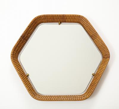  La Permanente Mobili Cant Italian Rattan and Brass Hexagon Shaped Mirror by Cantu 1950s