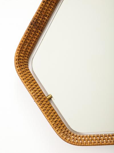  La Permanente Mobili Cant Italian Rattan and Brass Hexagon Shaped Mirror by Cantu 1950s
