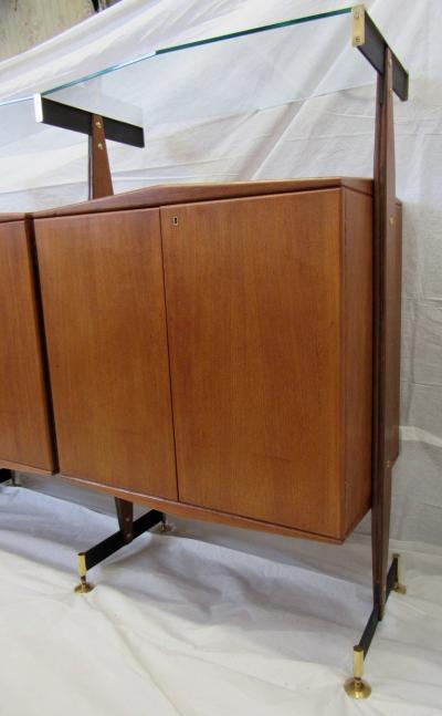 La Permanente Mobili Cant Midcentury Italian Teak and Bronze Four Cabinet Sideboard Suspended Glass 1960