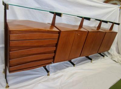  La Permanente Mobili Cant Midcentury Italian Teak and Bronze Four Cabinet Sideboard Suspended Glass 1960