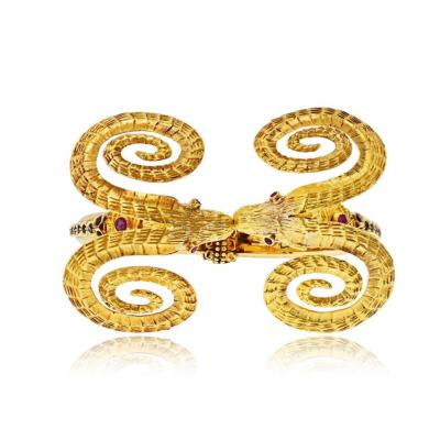 Lalaounis Ilias Lalaounis Ilias Lalaounis Vintage 18K Yellow Gold Double Ram Ruby Bracelet