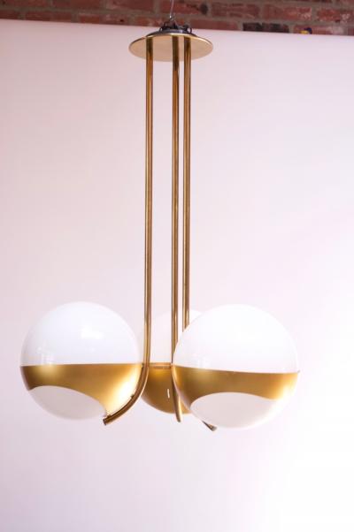  Lamperti Large Italian Modern Brass and Milk Glass Chandelier by Lamperti