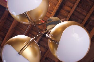  Lamperti Large Italian Modern Brass and Milk Glass Chandelier by Lamperti