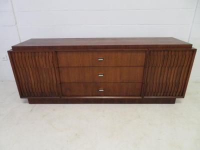  Lane Furniture Handsome American Brutalist Modern Sculptural Walnut Credenza Mid Century