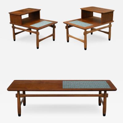  Lane Furniture Lane Monte Carlo Blue Tile Top and Walnut Coffee and Pair Side Tables Set
