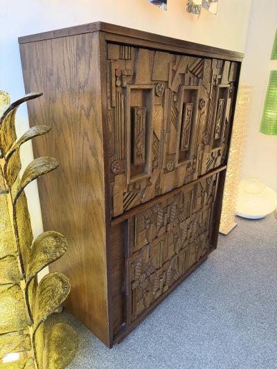  Lane Furniture Mid Century Modern Brutalist Wood Sculpture Cabinet by Lane USA 1970s
