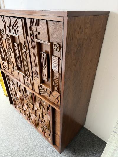  Lane Furniture Mid Century Modern Brutalist Wood Sculpture Cabinet by Lane USA 1970s