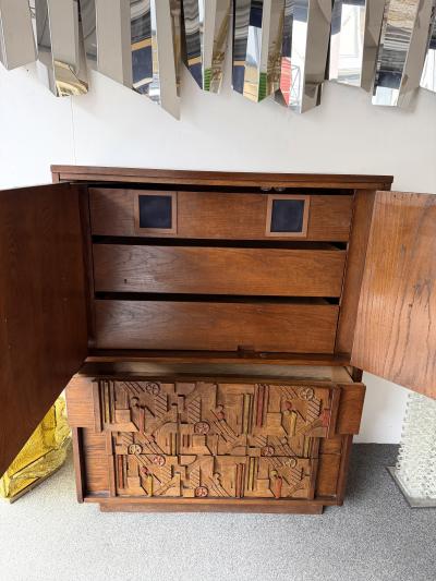  Lane Furniture Mid Century Modern Brutalist Wood Sculpture Cabinet by Lane USA 1970s