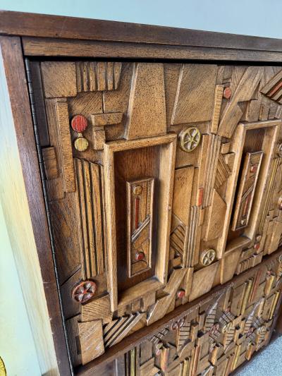  Lane Furniture Mid Century Modern Brutalist Wood Sculpture Cabinet by Lane USA 1970s