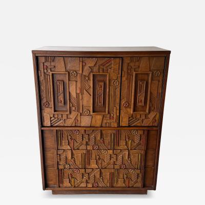  Lane Furniture Mid Century Modern Brutalist Wood Sculpture Cabinet by Lane USA 1970s