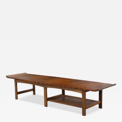  Lane Furniture Uncommon Lane Architectural Walnut Coffee Table with Upturned Ends Cane Shelf