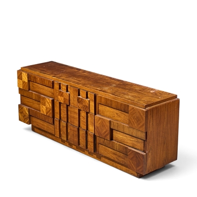 Lane Staccato Lane Staccato Brutalist Mid Century Walnut Lowboy Dresser