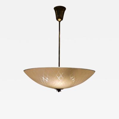  Lasipaino Oy Mid Century Ceiling Lamp in Brass Etched Glass Lasipaino Oy Finland 1950s