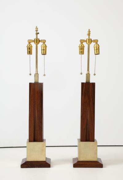 Laurel Lamp Company 1960s Mid Century Modern Brass And Walnut Table Lamps Attributed To Laurel