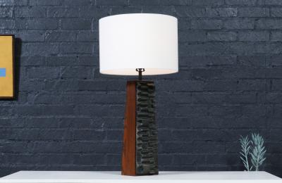  Laurel Lamp Company Laurel Brutalist Table Lamp w Geometric Metal Relief