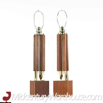  Laurel Lamp Company Laurel Mid Century Brass and Walnut Table Lamps Pair