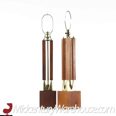  Laurel Lamp Company Laurel Mid Century Brass and Walnut Table Lamps Pair