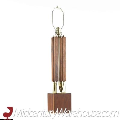  Laurel Lamp Company Laurel Mid Century Brass and Walnut Table Lamps Pair
