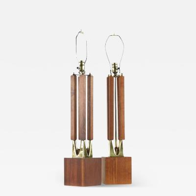  Laurel Lamp Company Laurel Mid Century Brass and Walnut Table Lamps Pair