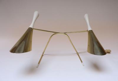  Laurel Lamp Company Mid Century Brass and Painted Metal Twin Shade Table Lamp Attributed to Laurel