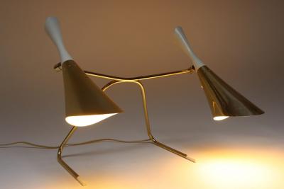  Laurel Lamp Company Mid Century Brass and Painted Metal Twin Shade Table Lamp Attributed to Laurel