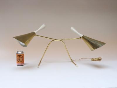 Laurel Lamp Company Mid Century Brass and Painted Metal Twin Shade Table Lamp Attributed to Laurel