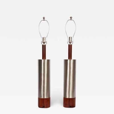  Laurel Lamp Company Monumental Pair of Laurel Lamp Co Brushed Aluminum Walnut Column Table Lamps