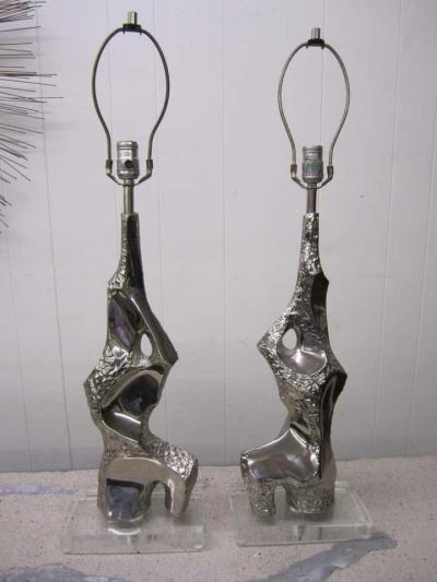  Laurel Lamp Company Pair Mid Century Modern Brutalist Chrome and Lucite Torso Brass Laurel Lamps