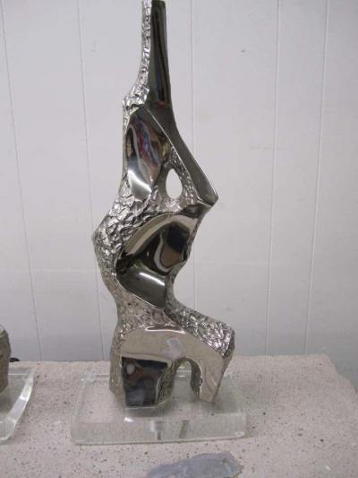  Laurel Lamp Company Pair Mid Century Modern Brutalist Chrome and Lucite Torso Brass Laurel Lamps