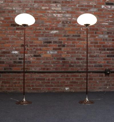  Laurel Lamp Company Pair of Chrome Laurel Floor Lamps with Frosted Mushroom Shades and Walnut Stems