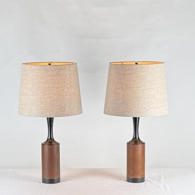  Laurel Lamp Company Pair of Slender Walnut Lamps with Custom Linen Shades by Laurel