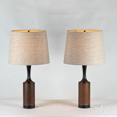  Laurel Lamp Company Pair of Slender Walnut Lamps with Custom Linen Shades by Laurel