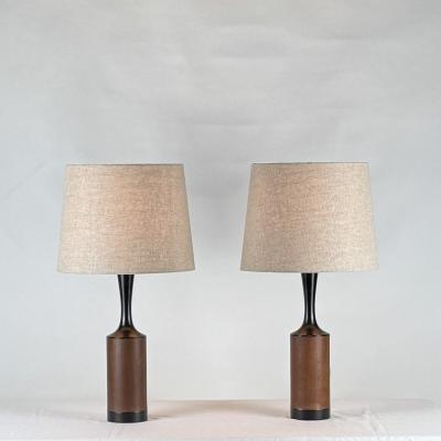  Laurel Lamp Company Pair of Slender Walnut Lamps with Custom Linen Shades by Laurel
