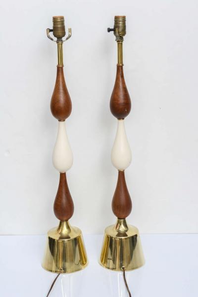  Laurel Lamp Company Tall Three Teardrop Form Teak and Brass Table Lamps by Laurel 1960s
