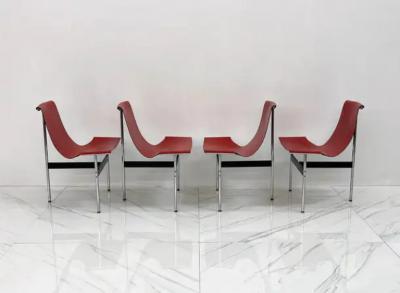  Laverne International Set of Four Red Leather T Chairs Katavolos Littell Kelley