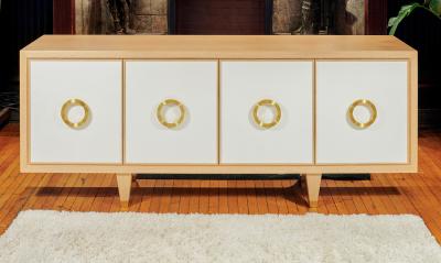  Lerebours Bespoke Custom Cerused Oak and Parchment Sideboard with 4 drawers and bronze pulls